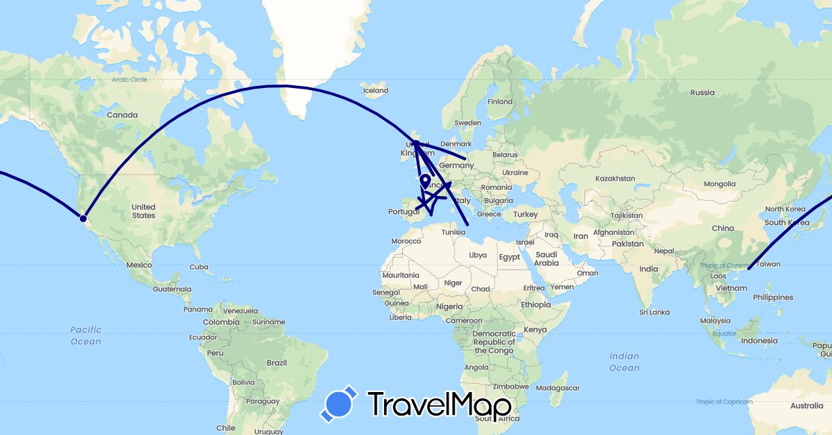 TravelMap itinerary: driving in Switzerland, Germany, Spain, France, United Kingdom, Hong Kong, Malta, United States (Asia, Europe, North America)